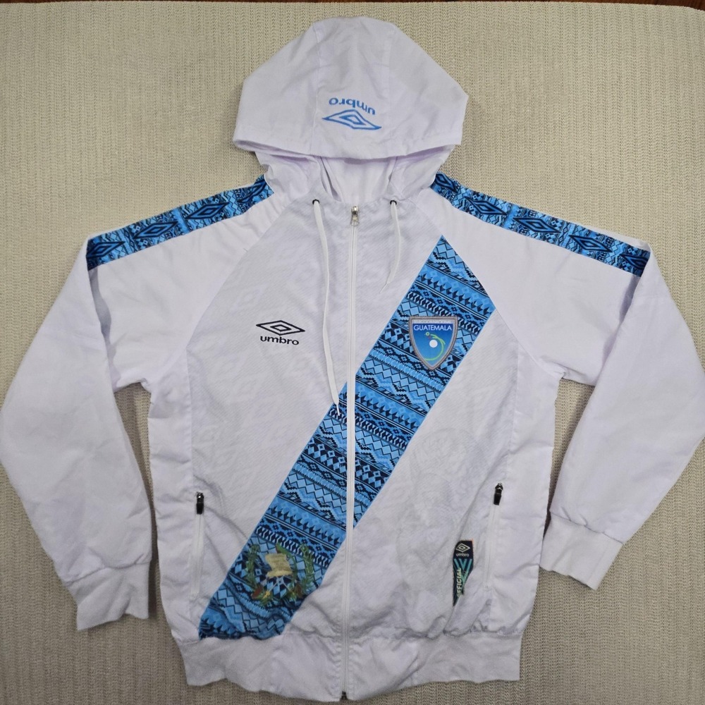Umbro Guatemala Soccer Jacket Mens Large White Blue Hooded Full Zip Windbreaker